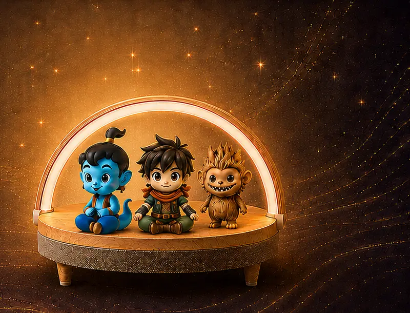 LampGenie illuminated stage with three original Genie characters